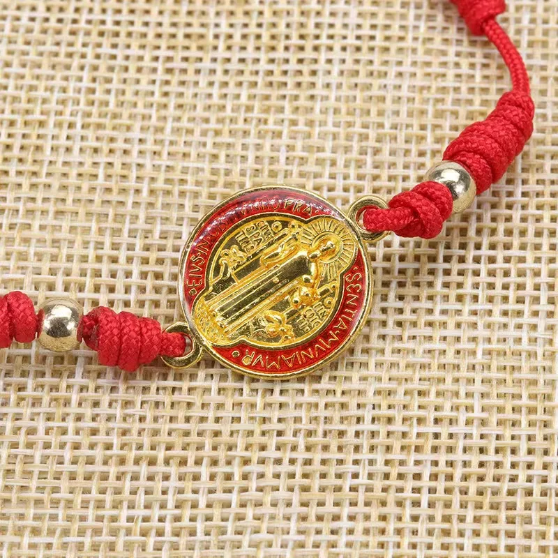 1PCS Red Rope St. Benedict Woven Bracelet Religious Fashion Dripping Oil Alloy Bracelet Accessories Wholesale