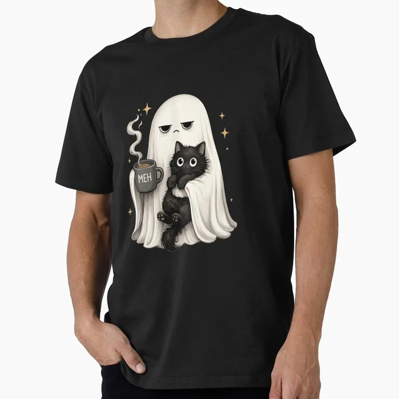 Meh Coffee Ghost Black Cat Halloween Gift T Shirt Funny Spooky Cat Lover Tee Unisex Trick or Treat Costume Party
