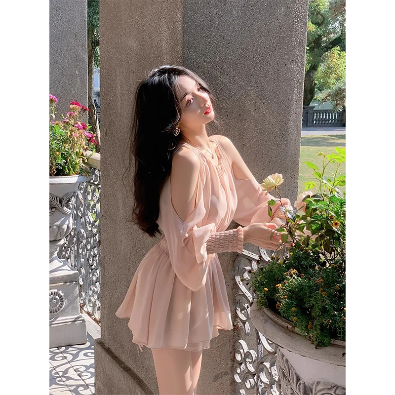 

Sweet Two Piece Set Women Off Shoulder Blouse Hollow Out Elegant Shirts Loose High Waist 2024 New Shorts Spring Summer Suits