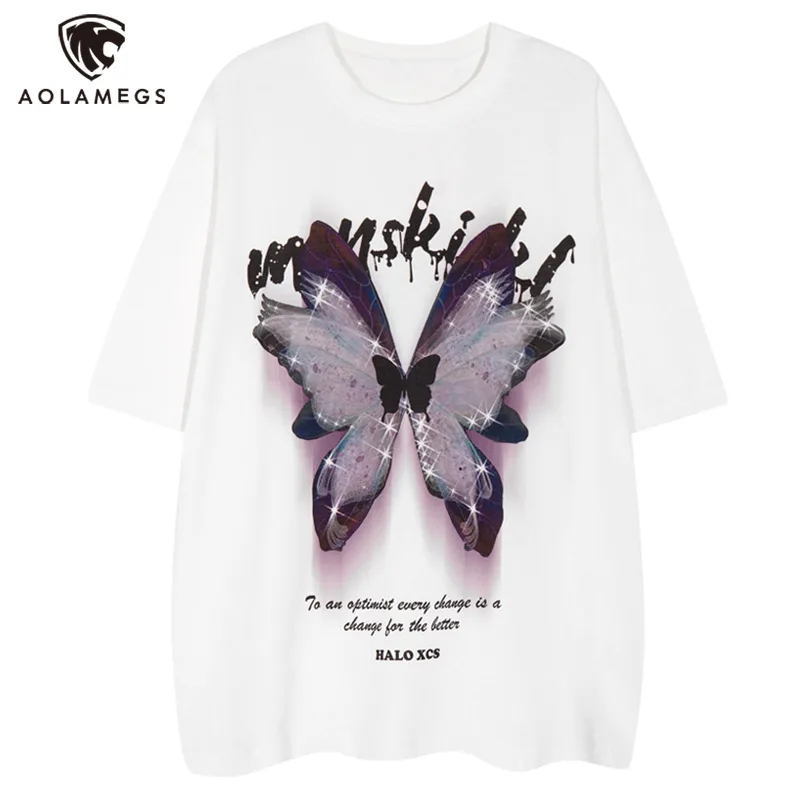 

Men's Butterfly Print T-Shirt American Retro Washed Distressed Tees Street Hip Hop Harajuku Tops Oversized Loose Short-Sleeves