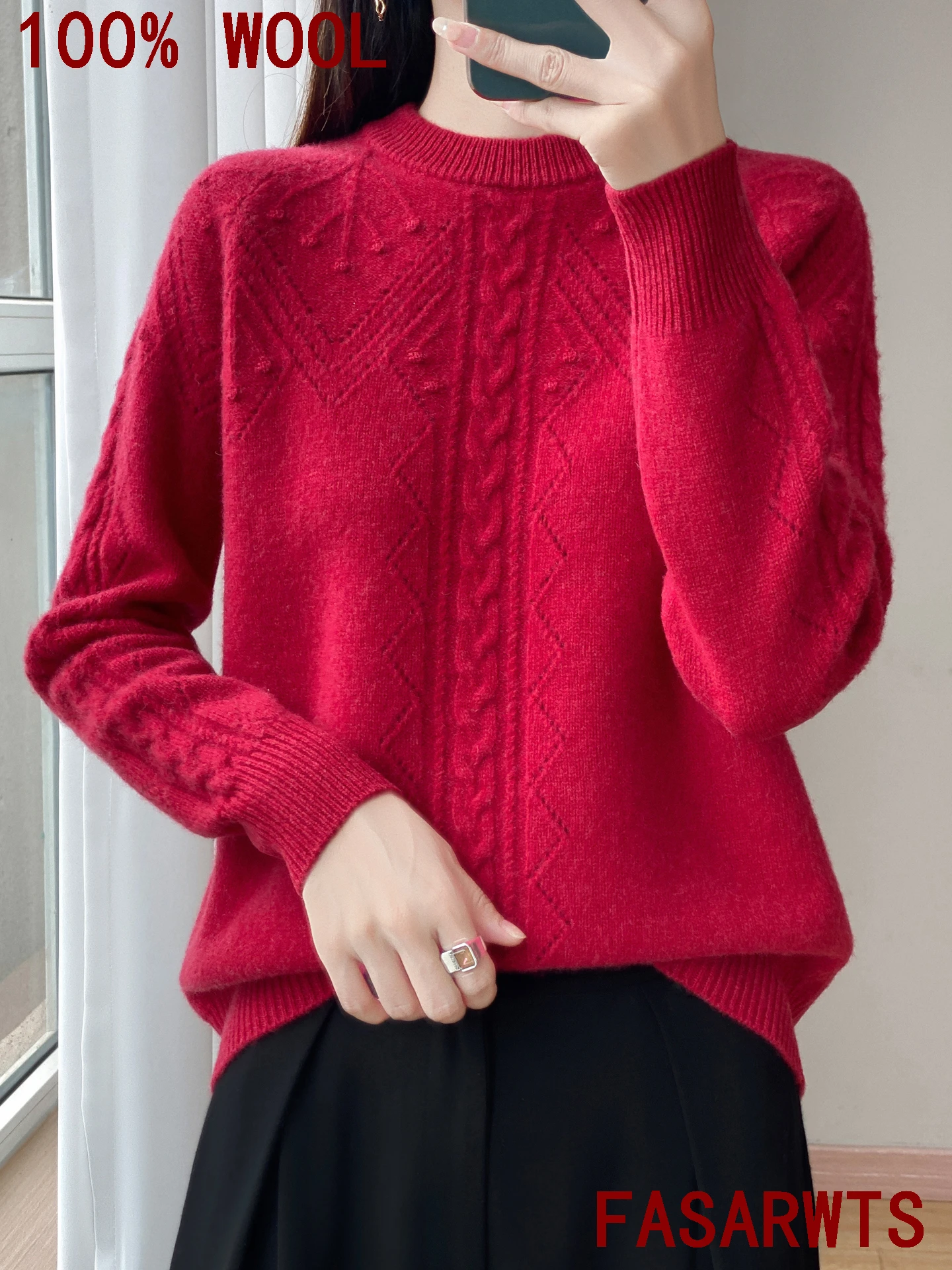 절묘한 여성 스웨터 100% 호주 양모 스웨터 플러스 사이즈 니트 자카드 속이 빈 패션 ONeck 풀오버 가을 겨울 탑