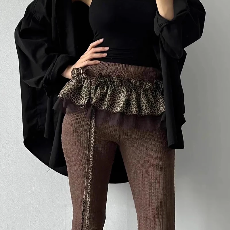 Mode Retro Leopard Print Mesh Gürtel Frauen Chic Spitze Rüschen Layering Taille Rock