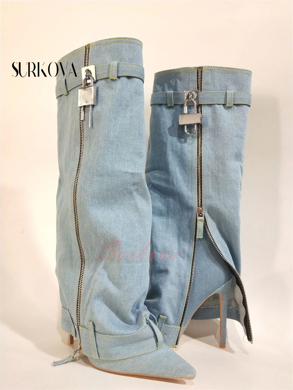 

High Heel Denim Shark Boots Pointed Toe Thin Heel Women Fashion Boots Metal Lock Jeans Trousers Knee High Boots Sexy Women Shoes