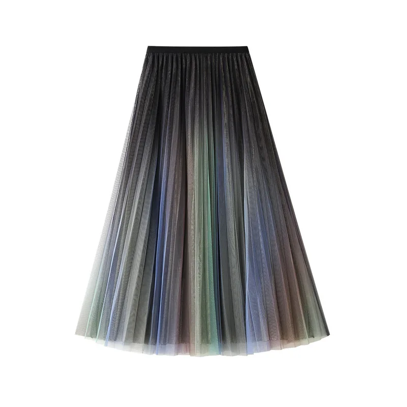 Fashion Gradient Two Layers Gauze High Waisted Mesh Skirt Women Slim Casual Pleated Design Sagging Sensation Lady Pleated Skirt