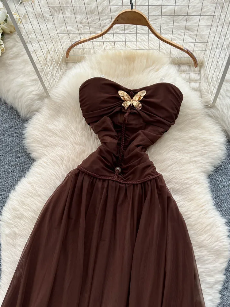 Retro oulder Bared Dr Dames Nieuwe Hoge Taille Afslanken A-lijn Tule Lange Dr Ele Ci Woon-werkkleding