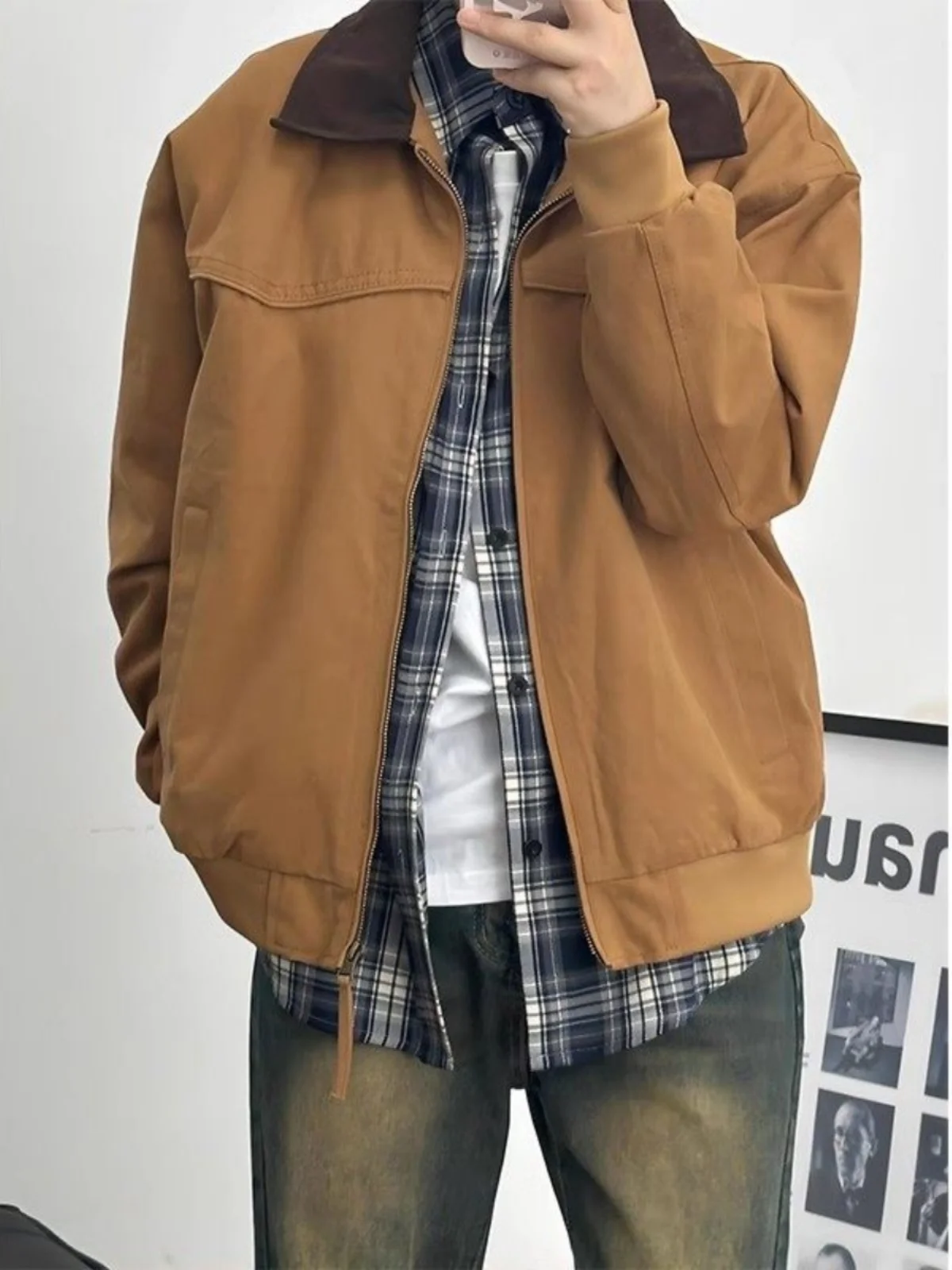 

i ort Harington Jaet Men's Vintage American Retro Detroit Collar Workwear Jaet Loose Fit Cotton Long Sve Zipper