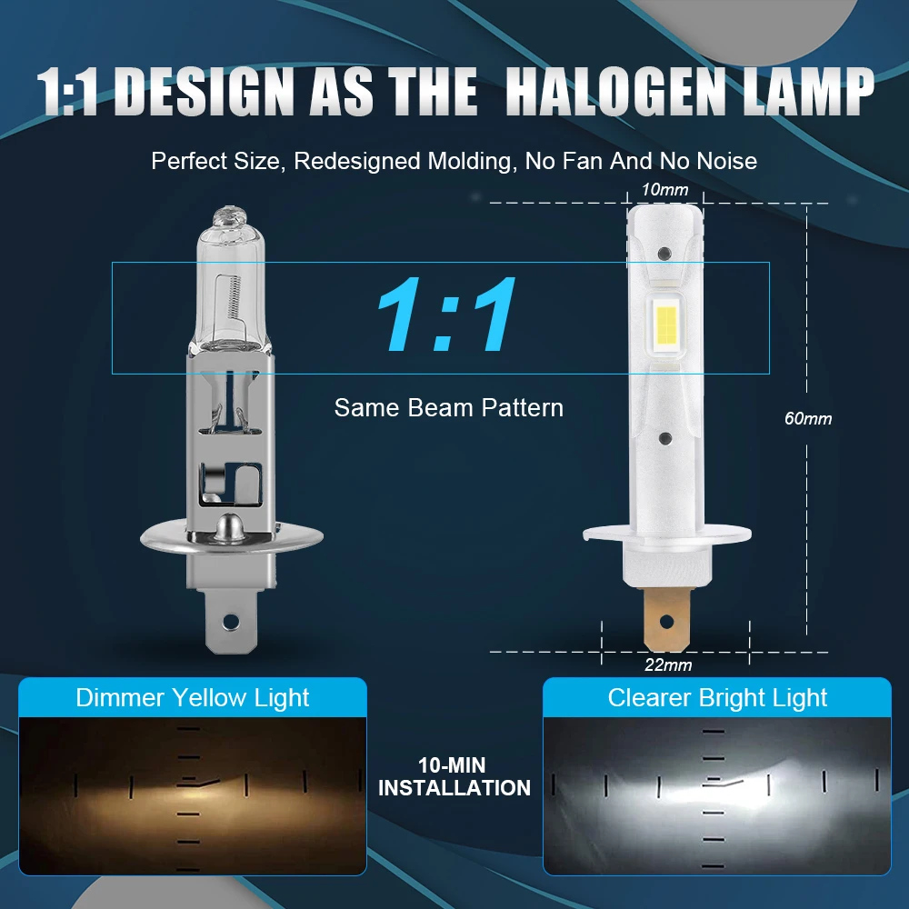 2Pcs 1:1 Mini Car LED H1 H3 LED Canbus Headlight Bulb 60W 12000Lm White 6000K for Auto Super Bright LED Fog Lights 12V Lupuauto image 5