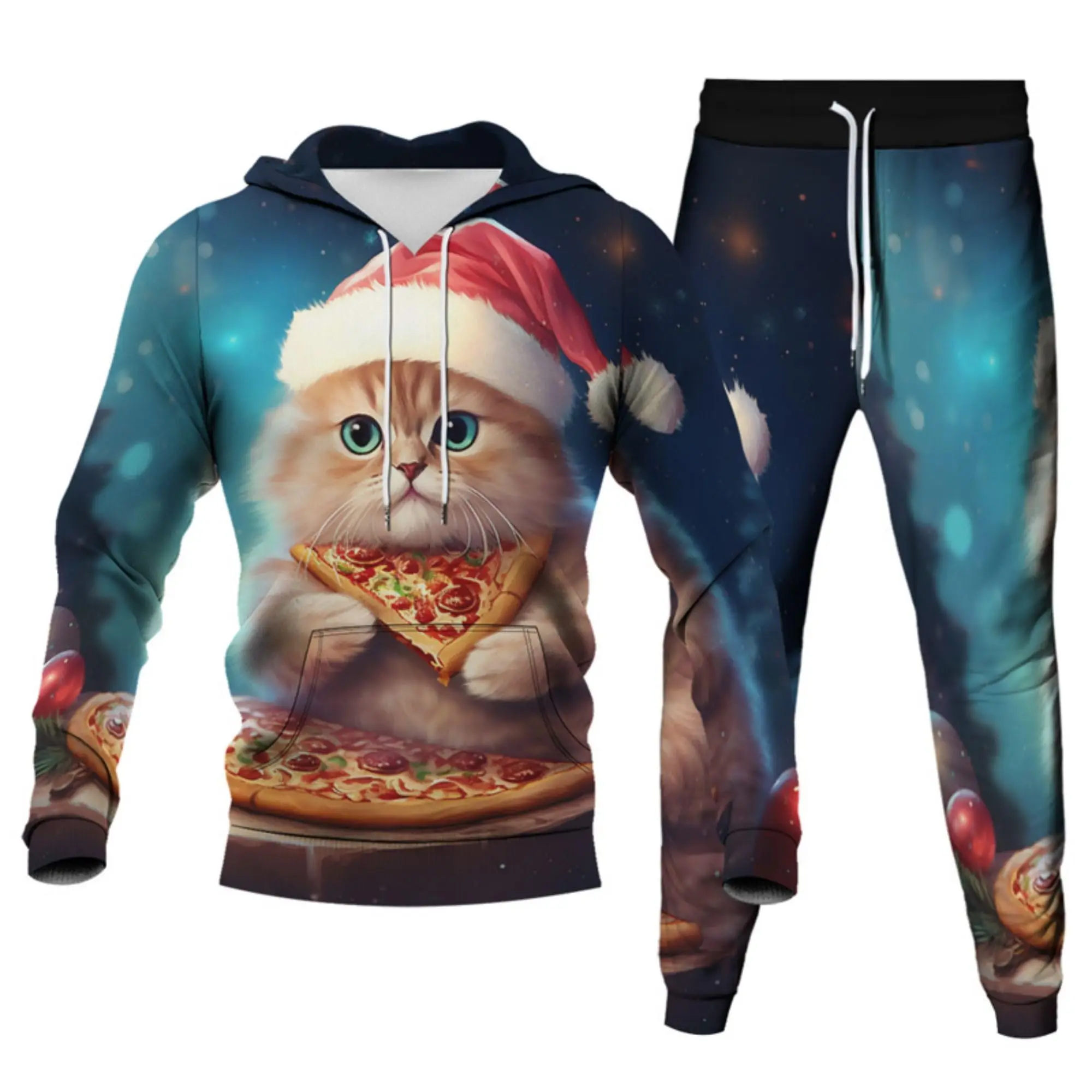 

Adult 3D Christmas Pizza Cat Printed Hoodie Pants Two Pieces Tracksuit Men Women Novelty Xmas Sweatshirts Joggers Sweatpants Set