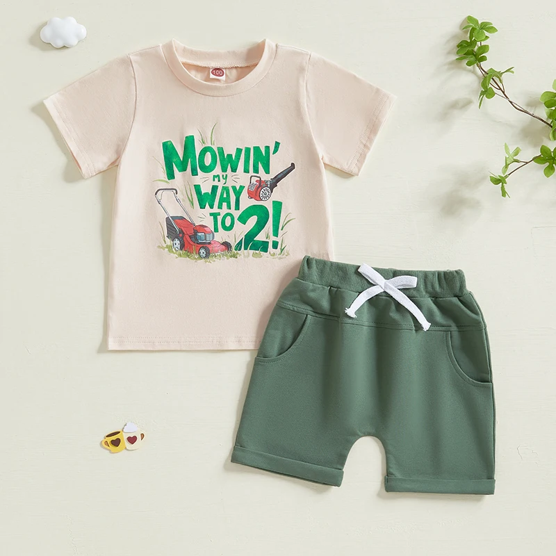 

Toddler Baby Boy Birthday Clothes Lawn Letter Print Short Sleeve T-Shirt Solid Elastic Waist Shorts Outfit