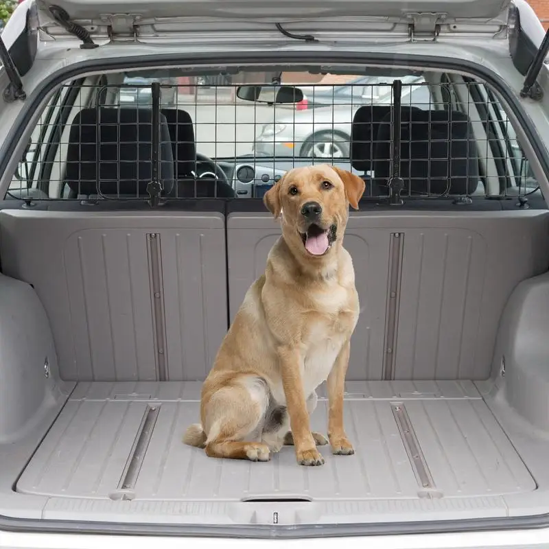 Grille de sécurité universelle pour chien pour voiture et SUV, largeur réglable 91-152 cm, montage sans outil, barrière de protection pour siège arrière et coffre, sûre et stable, idéale pour les voyages avec des animaux de compagnie.