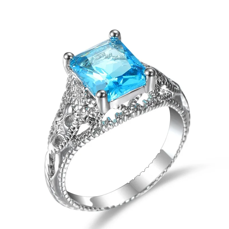 Square Inlaid Shiny Blue Translucent Zircon Ring, New Design, Trendy and Personalized Temperament, Jewelry and Accessories