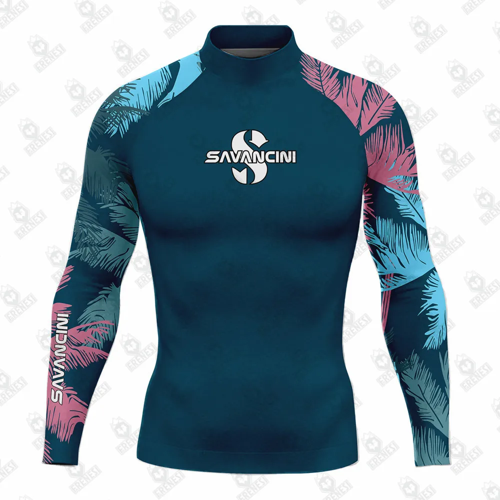 Savancini Men\'s Rashguard Long Sleeve Surf Rash Guards T-shirt UV Protection Swimwear Beach Diving Tops Tights Surfing Shirts