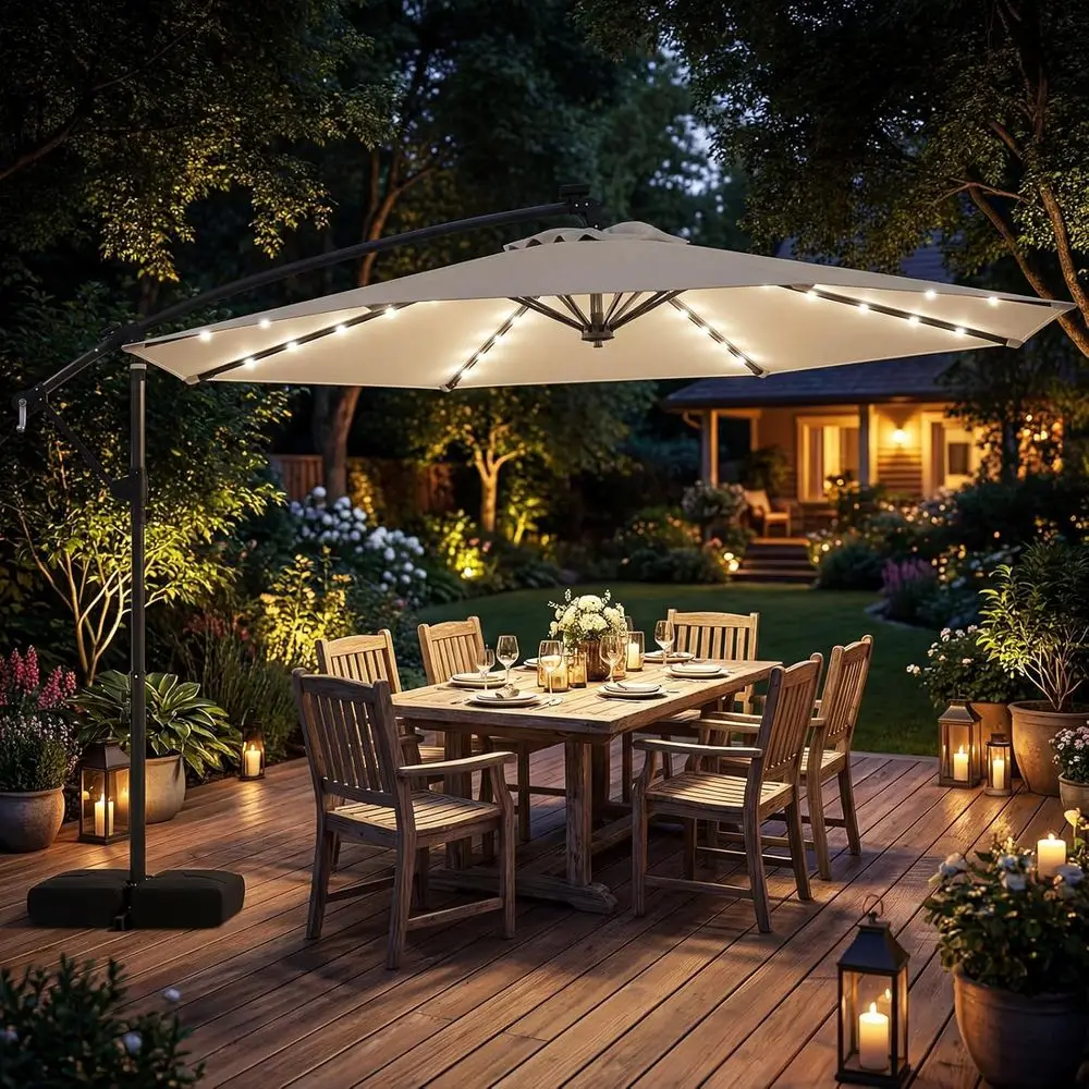 10t r Patio Umbrella with Base Included, Oset Cantilever Outdoor Umbrella with 32 LED Lights, 360 Degree Rotation, Crank Handle