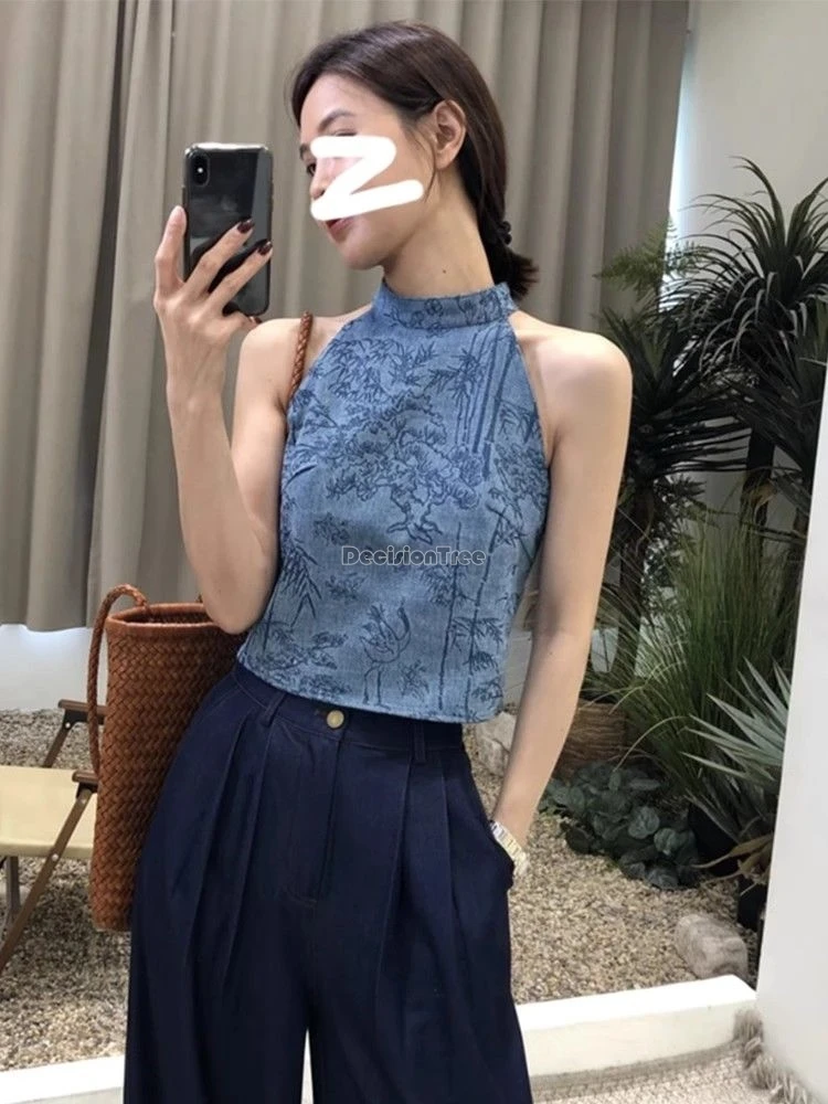 

2025 new chinese improved retro fashion style halter cheongsam top for women summer slimming short printed sleeveless vest top