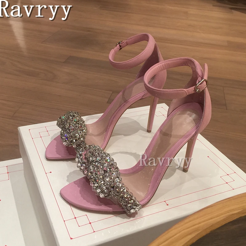 Pink Blingbling Rhinestone Stiletto Sandals New Design Irregular Square Toe Thin High Heel Buckle Strap Cover Heel Female Shoes