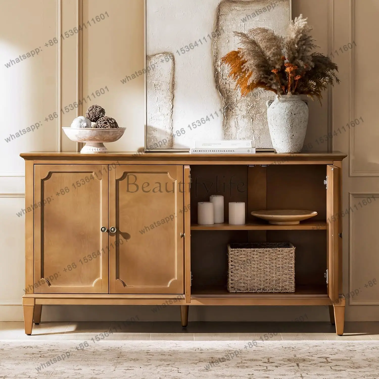 Mid-Century Modern Sideboard Cabinet, 4-Door Storage Buffet Adjustable Shelves, Solid, Customized