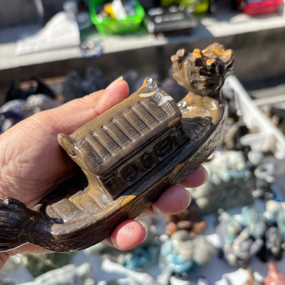 Natural Jasper Quartz Crystal Dragon Boat Carving Hand‑Carved Stone Dragon Ship Statue Healing Crystal Ornament Home Desk Decor