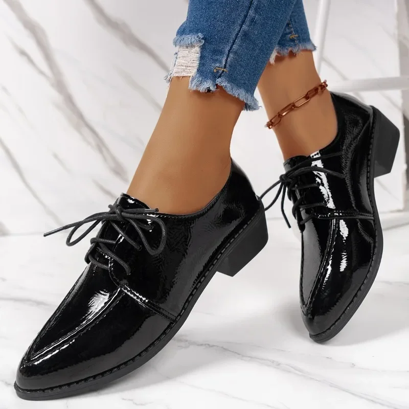 Mulheres preto couro de patente oxfords dedo do pé quadrado rendas até sapatos de salto baixo bloco formal casual escritório uso diário calçados elegantes