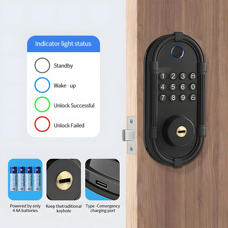 Tuya System Smart Electronic Fingerprint Handle Lock for Home Security Keypad Entry Key Unlocking Type-C Emergency Power