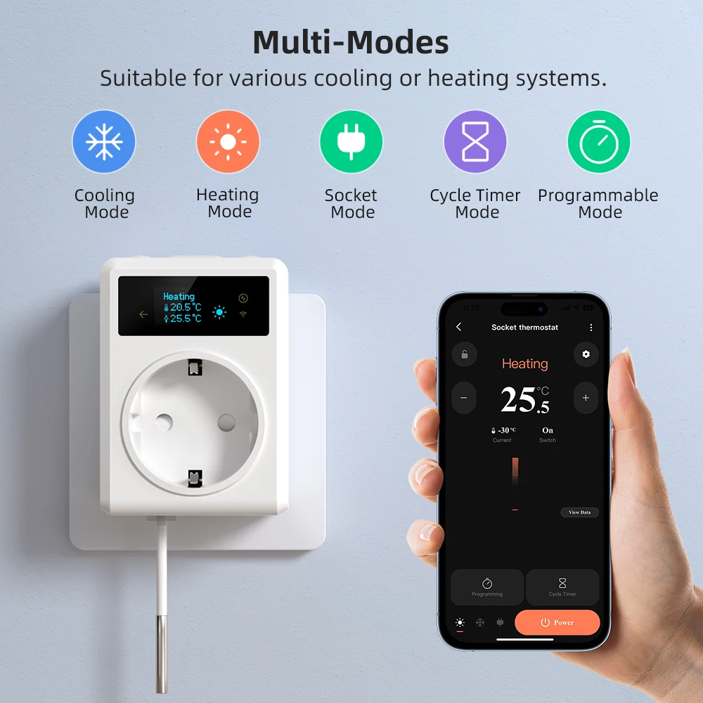 MIUCDA Tuya WiFi Smart Thermostat Socket 16A Outlet Plug Remote Temperature Controller Time Switch Cooling Heating 3M NTC Sensor