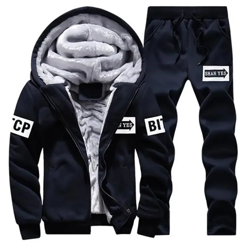 Men Winter Tracksuits Sets Hoodies Casual Hooded Warm Sweatshirts+Pants Thicker Fleece Jacket+Pants Men Moleton Masculino M-4XL