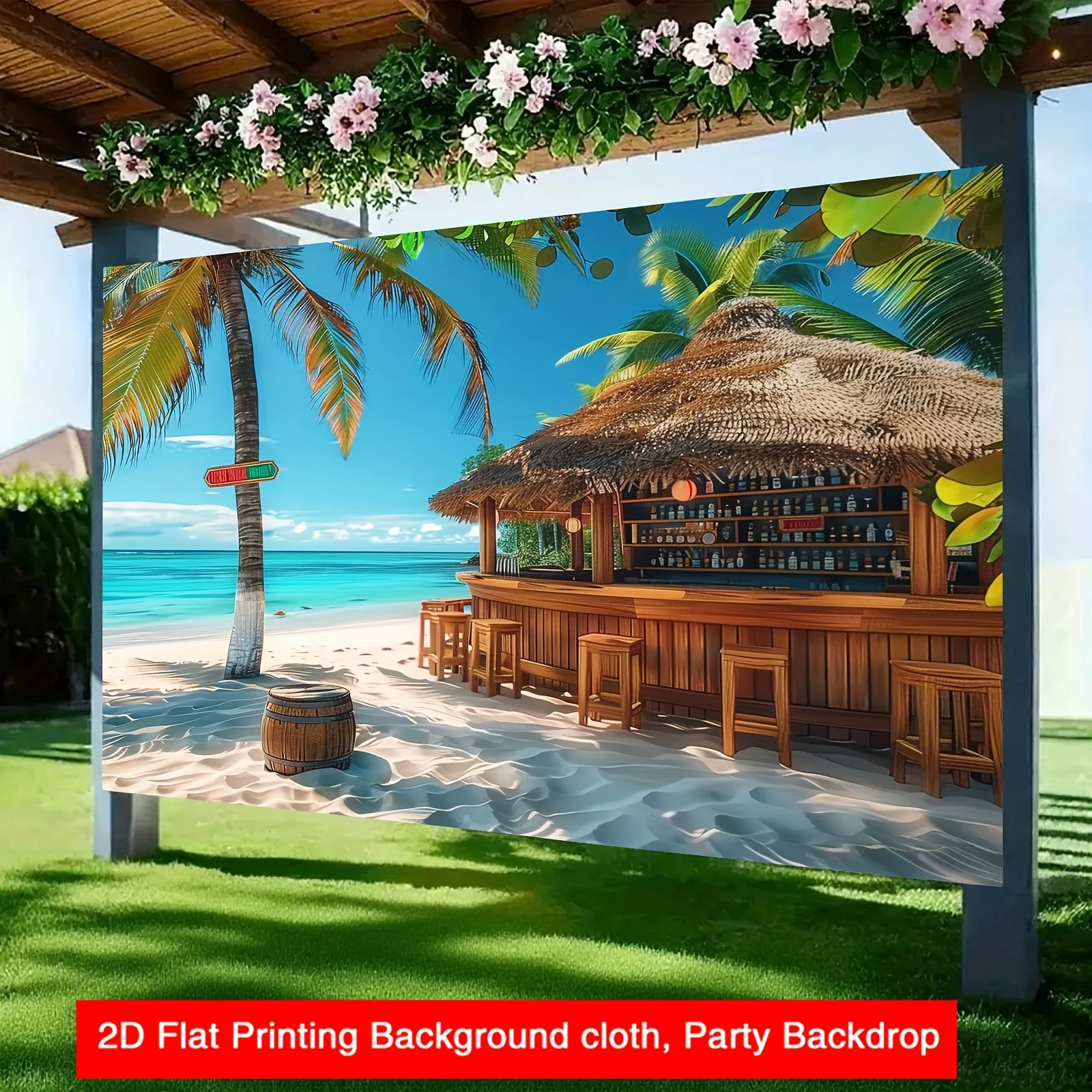 Tropical Beach Tiki Bar Backdrop Tapestry Wall Hanging Hawaiian Luau Party Decor Photo Booth Summer Vacation Resort Ocean Scene
