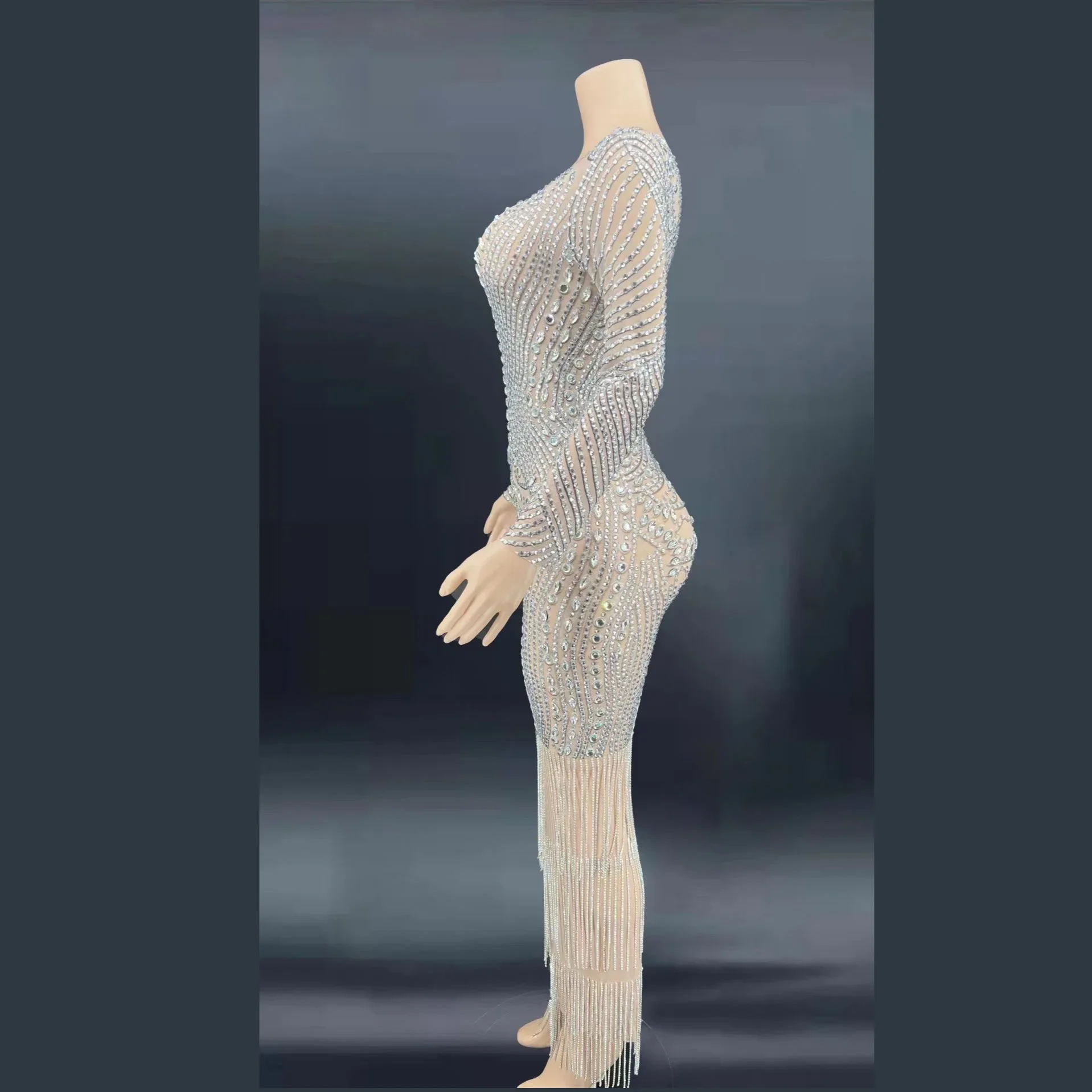 Frauen Nude Glänzende Strass Kristall Lange Ärmel Quaste Sexy Elegante Abend Bankett Promi Tragen Konzert Bühne Kostüme