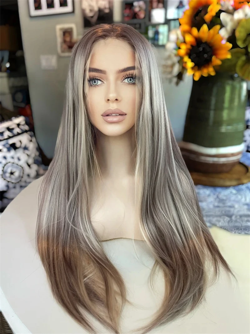 

Ombré Brown Blonde with Platinum Streaks Synthetic HD Lace Front Wig with Baby Hair Human Hair Blend Synthetic Wigs For Women