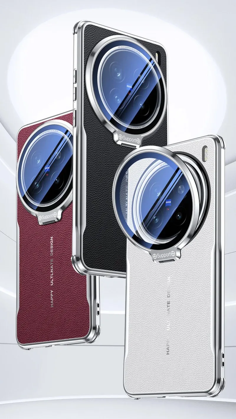 X200 Luxury Plating Leather Metal Lens Holder Case for VIVO X200 Pro Four Corner Shockproof Bumper Protective Cover X200 Ultra