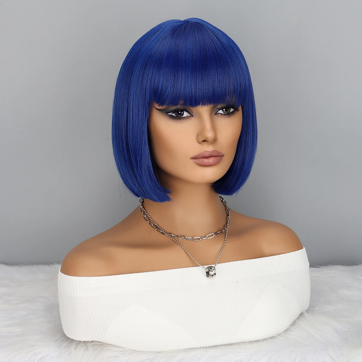 Perruque synthétique courte Bob avec frange pour femme, perruque bleue pour fête, longueur initiée, utilisation 03