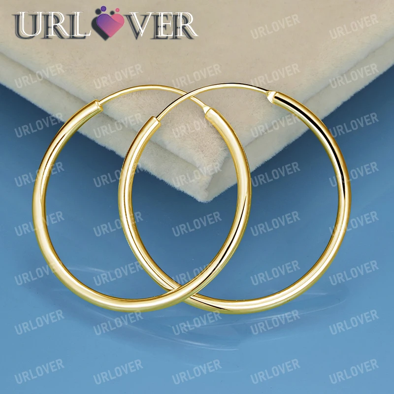 

URLOVER 18K Gold 35mm Smooth Earrings For Women 925 Sterling Silver Hoop Earring Party Wedding Banquet Fashion Charm Jewelry