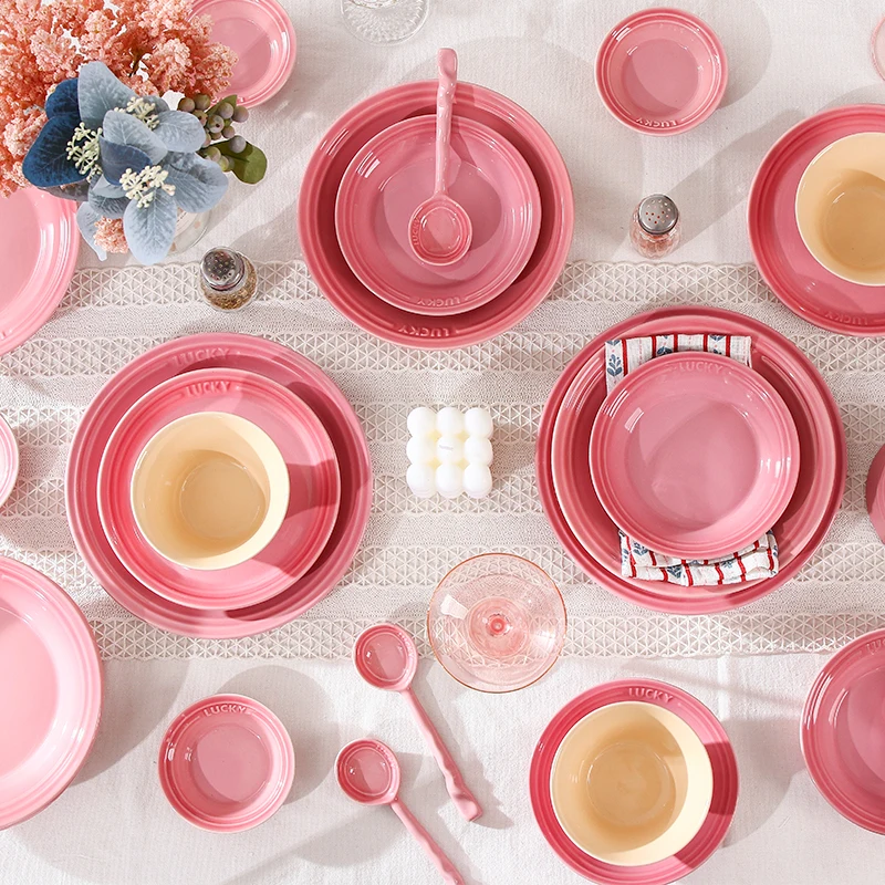 Luxury High-End Pink Chinese Complete Crockery and Ceramic Tableware Set Dishes