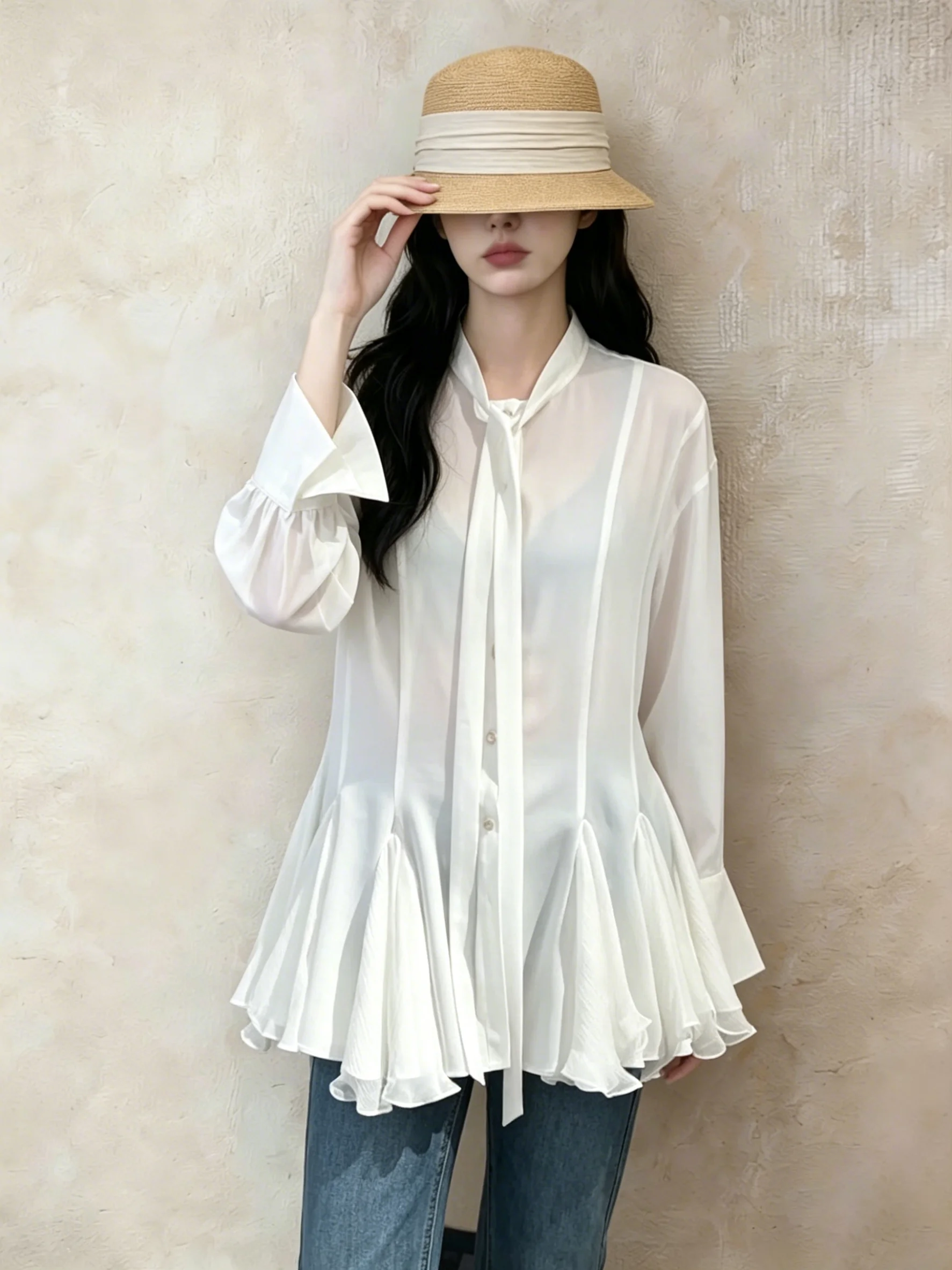 

Elegant White Long Sleeve Shirt Women's Summer Thin Commute Matching Bordered Shirt Casual Loose Style Polyester Fiber