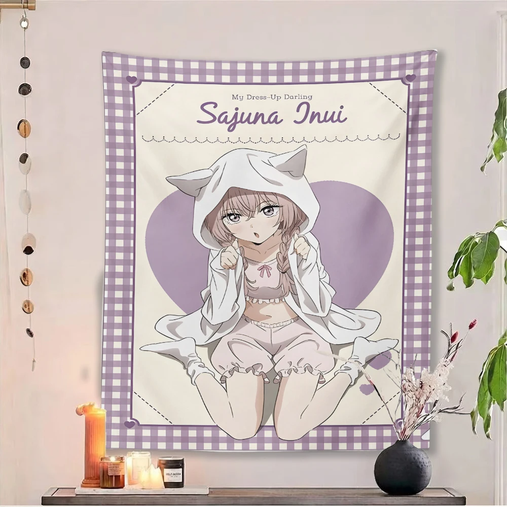 My Dress-Up Darling Sajuna Inui Cat Ear Hoodie Tapestry, Purple Checkered Coquette Wall Hanging, Cute Anime Decor for Bedroom,