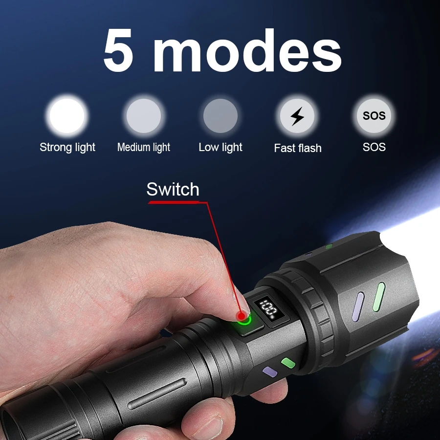 2025 New High Power 300W LED Flashlights Super Bright Outdoor Long Range Torch 3000000LM Tactical Flashlight with Spotlight Lens