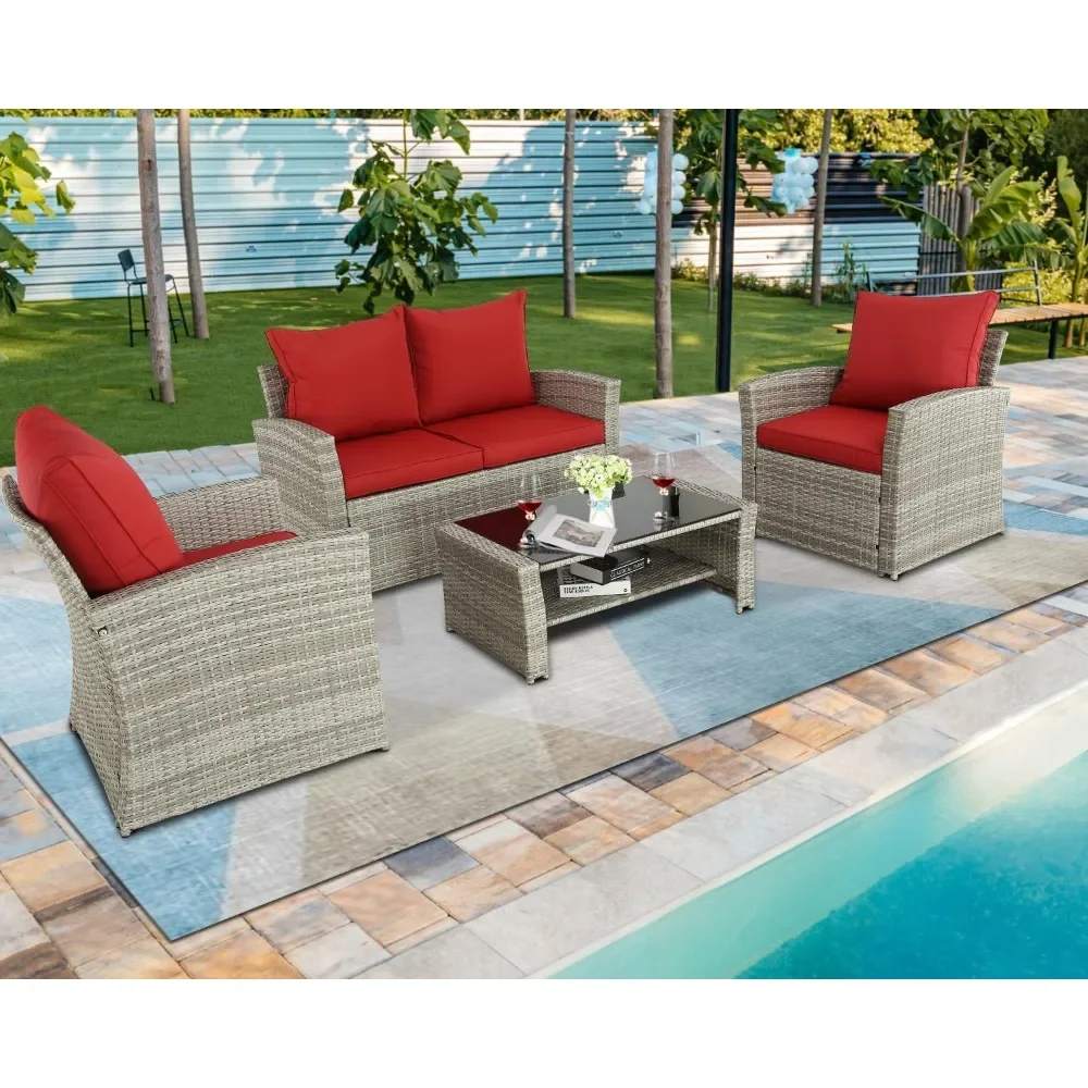 

Garden Furniture 4 Pieces Set, Rattan Chair Outdoor Wicker Patio Furniture Set Patio, Chair with Cushions, Garden Furniture Sets