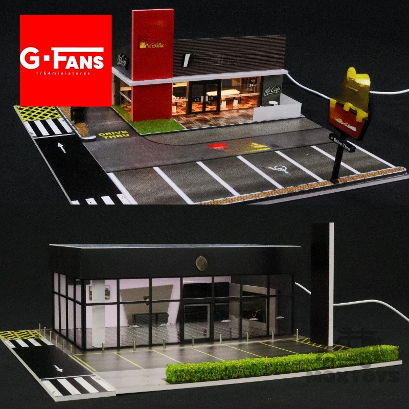 G-FANS 1:64 Led Light Diorama MC food burger shop/Lambo Center scene model Building w/Parking