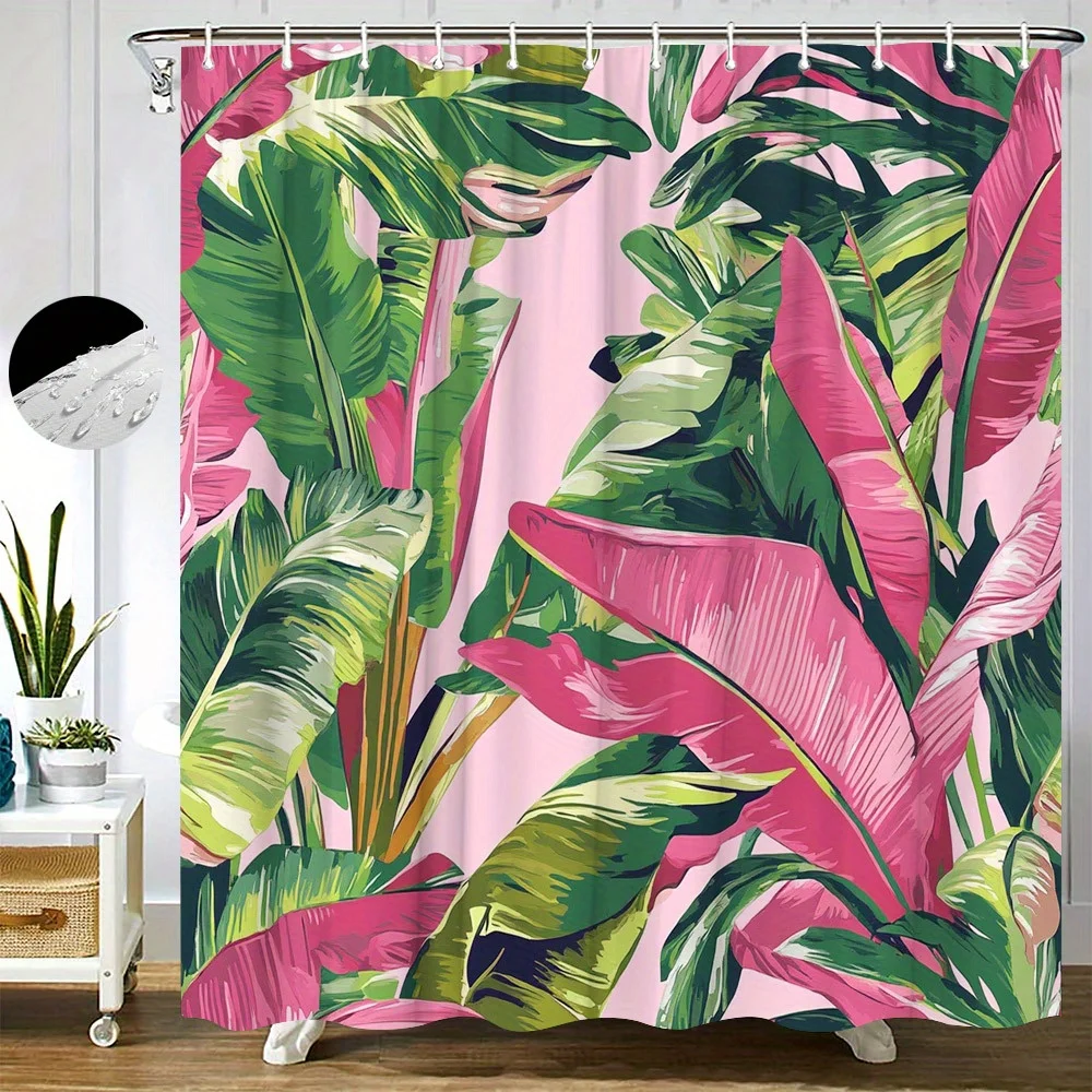 

Tropical Banana Shower Curtain Vibrant Botanical Print Green Magenta Pink Leaves Artistic Nature Bathroom Decor with Hooks