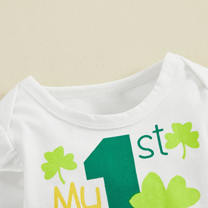 New Born Infant Baby Girls St Patrick s Day Long Sleeve Romper Clover Printing Flared Pants Headband Outfits Set