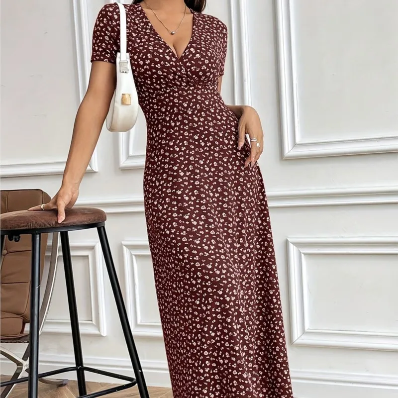 Elegant Women's Fashionable Small Floral V-neck Mid Length Dress Spring And Summer Women's Printed Short Sleeved Casual Dresses