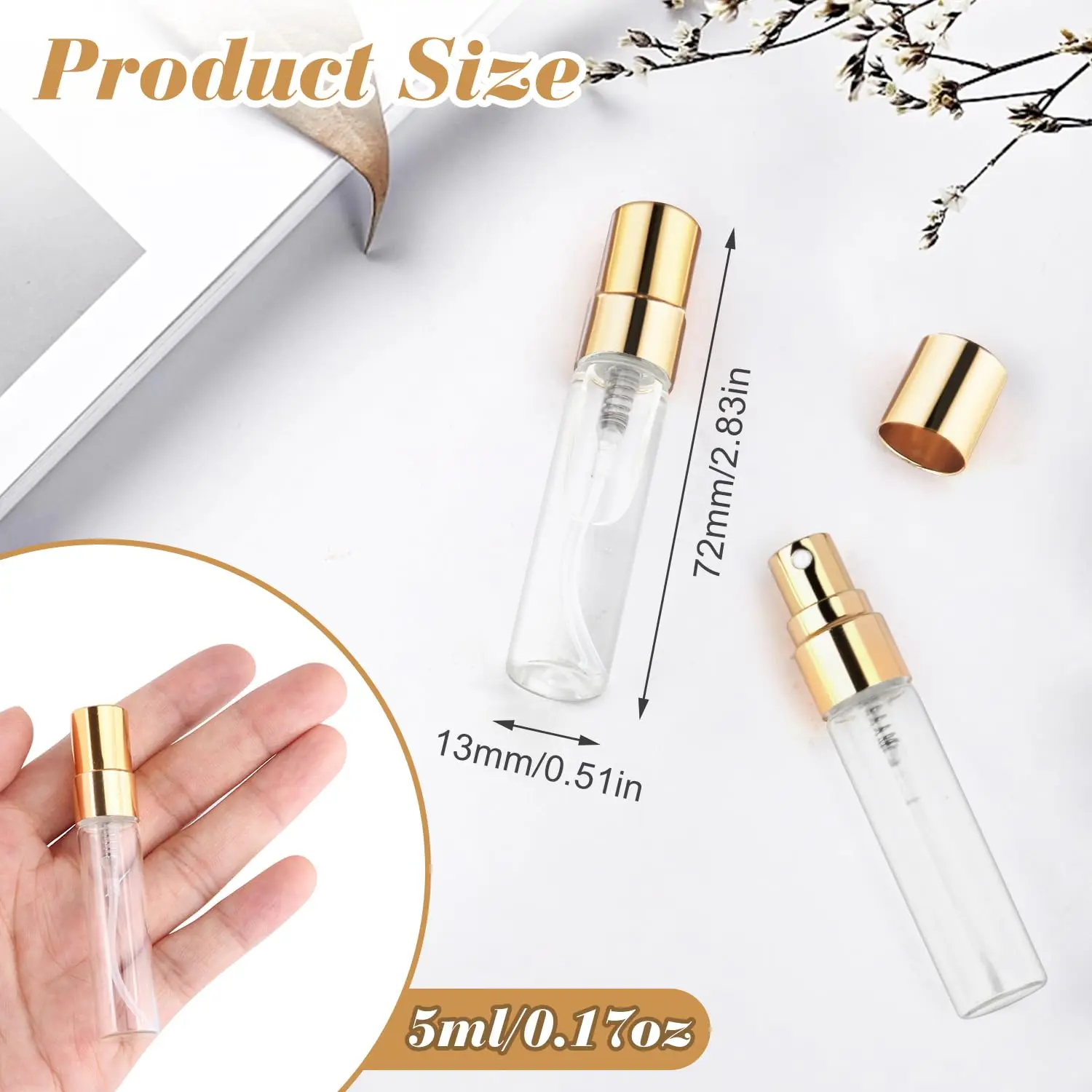 20Pcs 5ml Clear Glass Mist Spray Bottle Refillable Mini Perfume Atomizer Empty Travel Sample Bottle with Golde Aluminized Nozzle