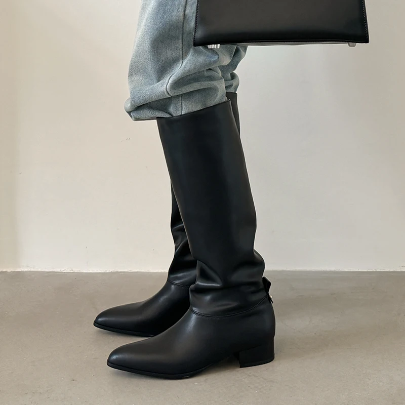 JOZHAMTA Size 34-40 Women Knee Boots Genuine Leather Wide Calf Long Tall Boots Thick Block Mid Heel Shoes Fall Winter 2025 Dress