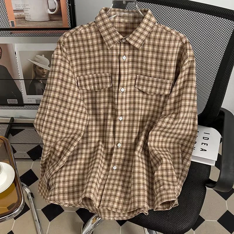 

Spring Autumn Men's Korean Fashion Plaid Pocket Shirt Handsome Standard-fit Long Sleeve Blouse Special Shirts for Men E07