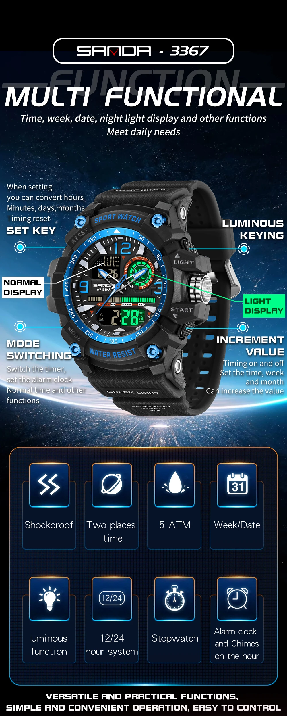 SANDA 3367 Orologio elettronico da uomo di moda Sport all'aria aperta Orologio digitale elettronico da uomo LED impermeabile multifunzionale 2025