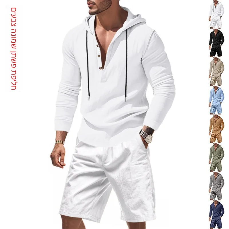 

Льняной мужской повседневный летний пляжный комплект с шортами и шляпой: рубашка в стиле Генри и брюки. Модный осенний сезонный комплект.