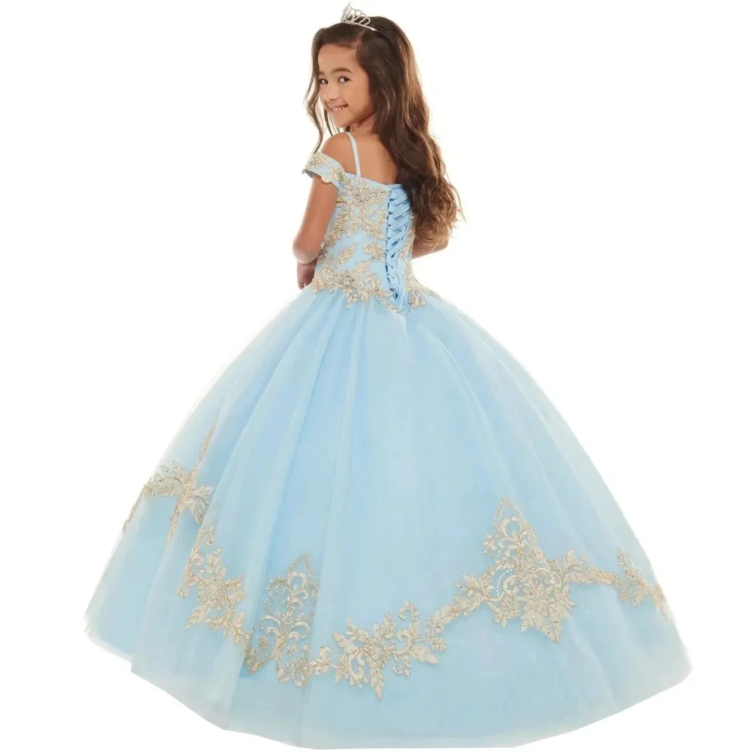 

Customized Sky Blue Flower Girl Dress For Wedding Gold Appliques Floor Length Classic Princess Birthday Party Bridesmaid Gown