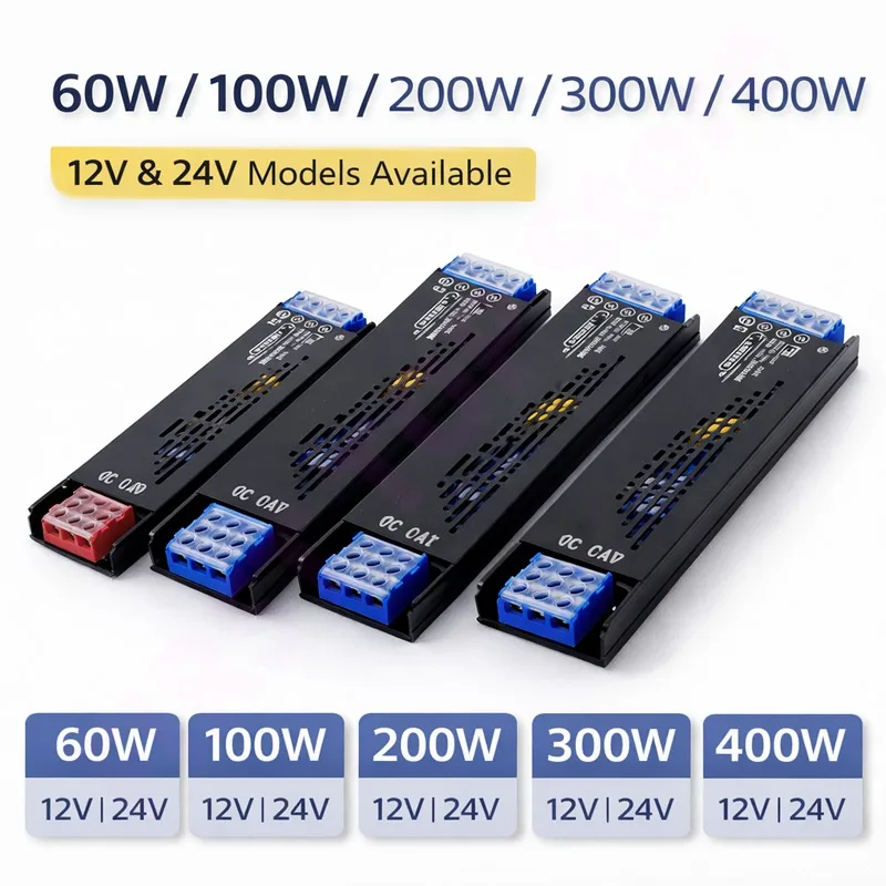 DC Power Supply Unit 12V 24V 60W 100W 200W 300W 400W 110V 220V 230V AC to 12 24 Volt DC LED Strip Driver Lighting Transformer