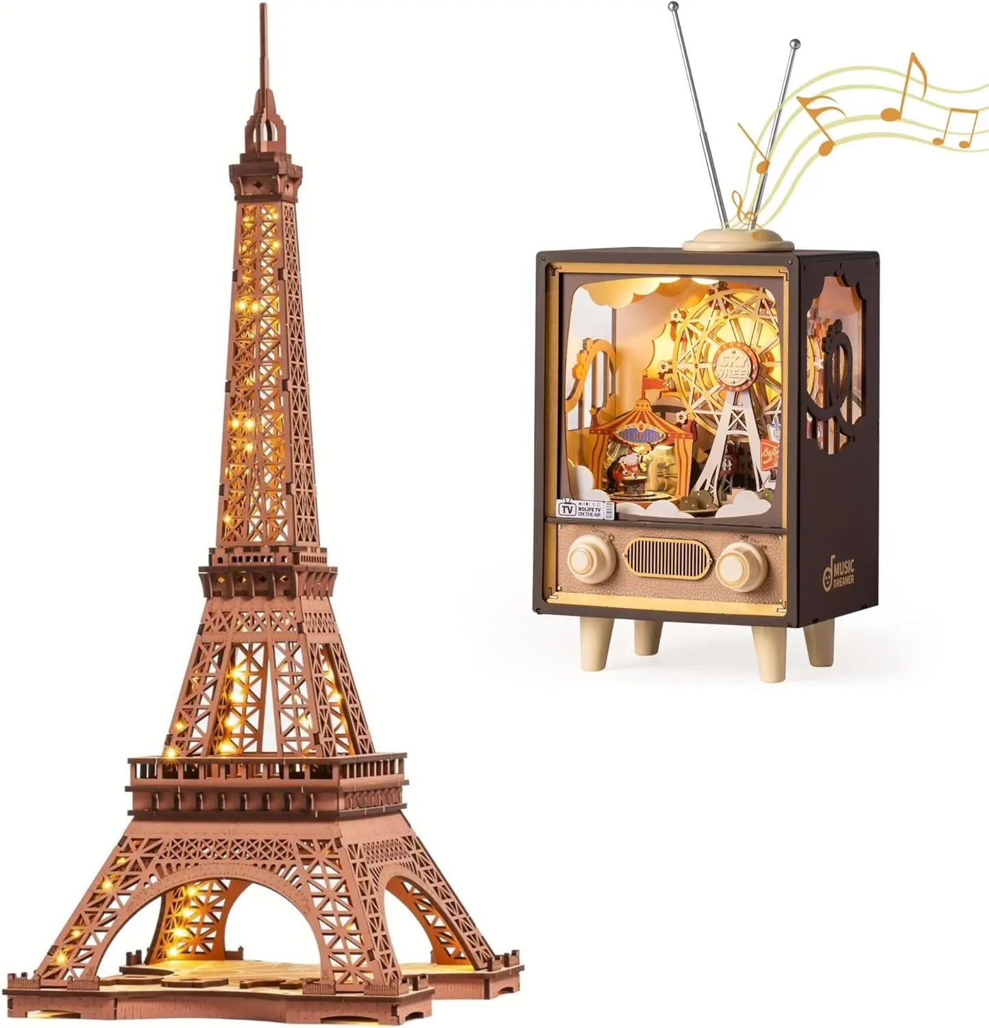 

3D Puzzle for Adults DIY Model Building Kit Eiffel Tower & Wooden Music Box Sunset Carnival