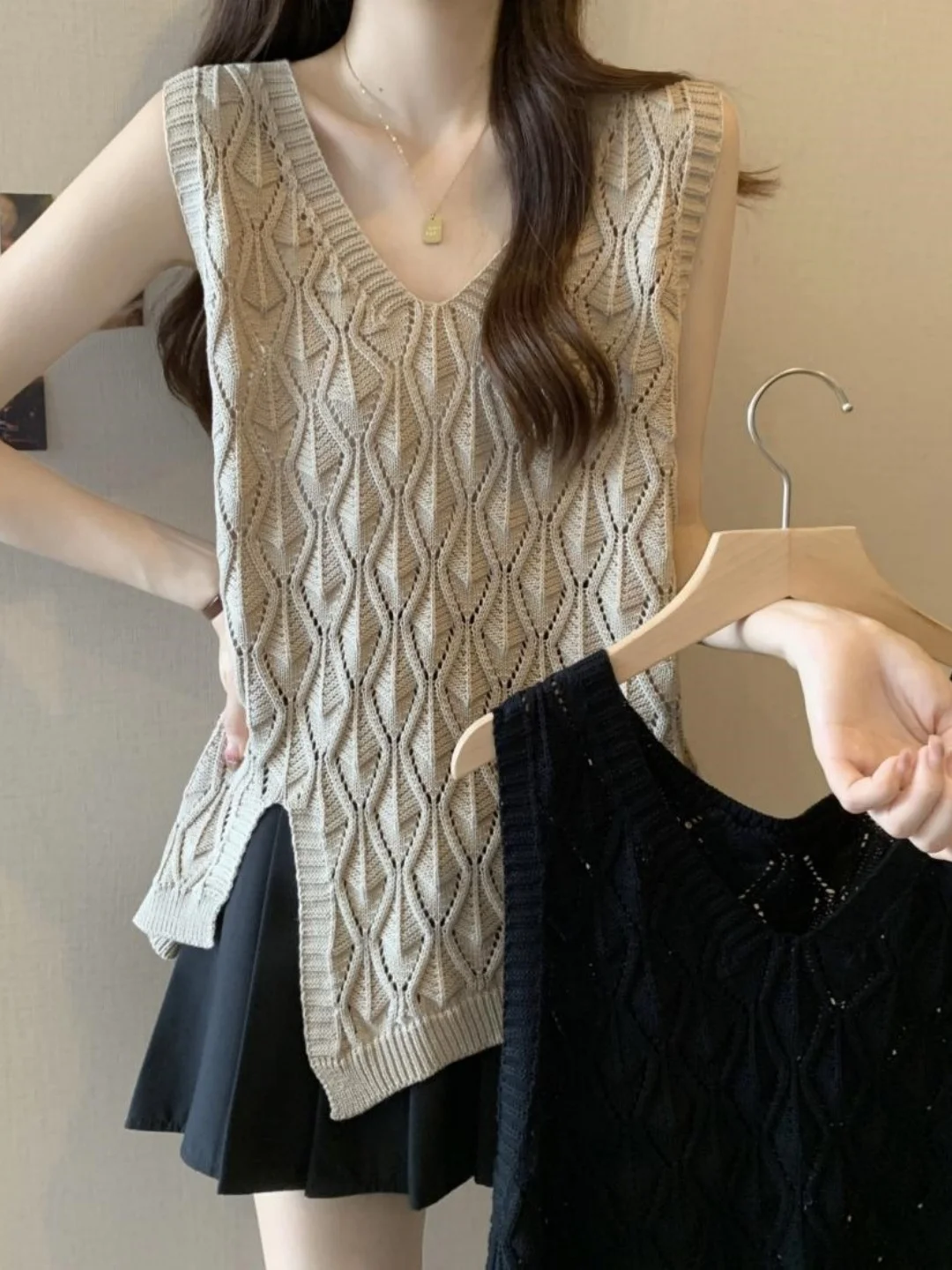 

Тонкий трикотажный топ Ele Ice Silk с V-образным вырезом, больших размеров, повседневный, комфортный, однотонный, универсальный, стройнящий жилет