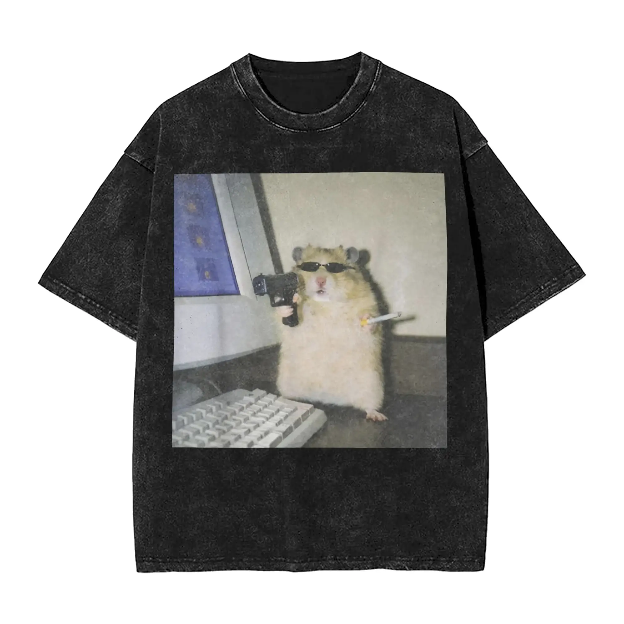 Cyber Hamster Meme Funny Animal T Shirt Hip Hop Washed Short Sleeve Harajuku T-Shirt  Vintage for Men Women Streetwear Tops Tees